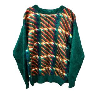 Michelle Stuart Mohair Wool Green and Red Crew Neck Sweater with Plaid Pattern M